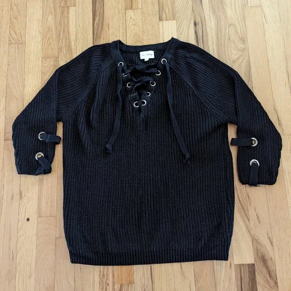 Love + Harmony V-Neck Long Sleeve Lace Up Sweater Cable Knit Black XS/S - Picture 3 of 9